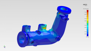 Eine konjungierte Berechnung der WÃ¤rmeÃ¼bertragung, der eine Berechnung der thermischen Belastung in ANSYS AIM folgt, fÃ¼hrt zu den Konturen der Vergleichsspannung auf diesem KrÃ¼mmer. 