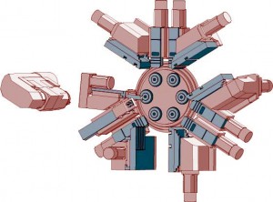 Simultane Bearbeitung mit Stech-/ Bohr- und Kreuzschlitten. Rückseitenbearbeitung über Synchronspindel mit 3 Werkzeugen, davon 2 angetrieben sowie separaten Abstechschlitten (Option)